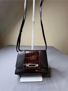 VTG Brighton Black & Croc Embossed Leather Wallet Crossbody Organizer Purse